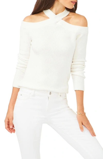 1.state Cross Neck Cold Shoulder Cotton Blend Sweater In Ultra White