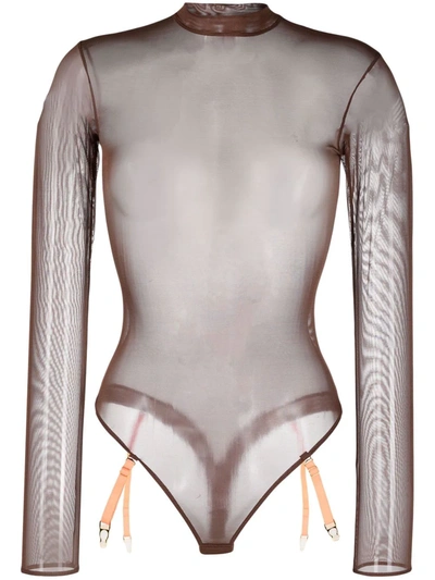Maison Close Mesh Long-sleeved Bodysuit In Brown
