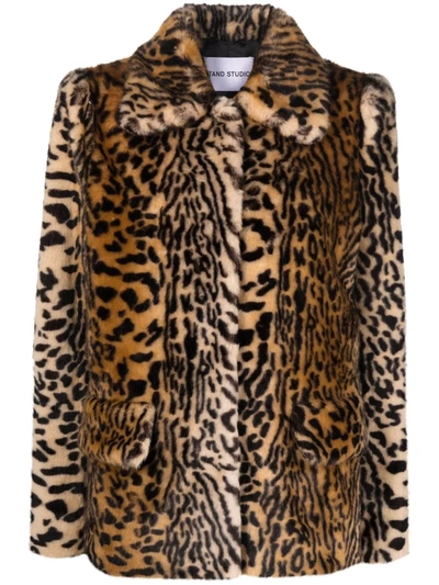 Stand Studio Animal-print Spread-collar Faux-fur Coat In Brown,black