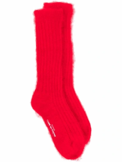 Comme Des Garçons Textured Logo-embroidered Socks In Red