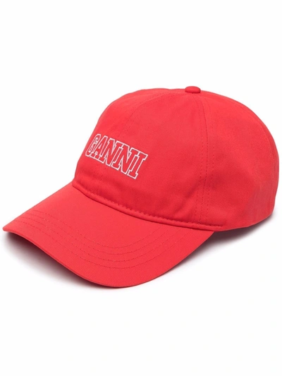 Ganni Logo刺绣六面拼接棒球帽 In High Risk Red
