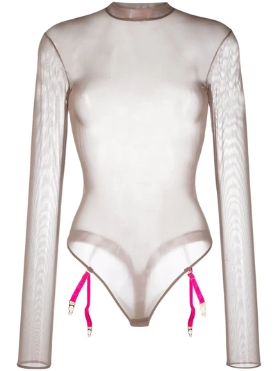 Maison Close Semi-sheer Garter Bodysuit In Neutrals