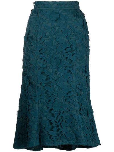 Marchesa Notte Fluted Floral-appliquéd Guipure Lace Midi Skirt In Peak