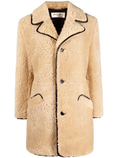 Saint Laurent Leather-trimmed Shearling Coat In Beige