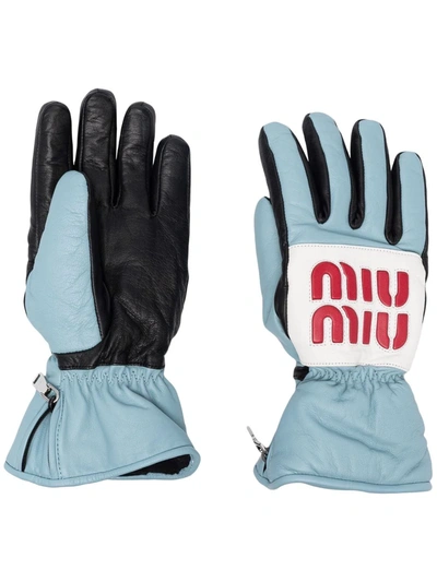 Miu Miu Logo-patch Leather Ski Gloves In Fm Cielo Bianco