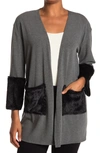 Go Couture Long Sleeve Double Stitch Faux Fur Cardigan In Charcoal Bttm Black