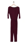 Nina Leonard 3/4 Length Sleeve Waist Tie Jumpsuit In Wine