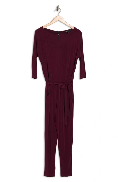 Nina Leonard 3/4 Length Sleeve Waist Tie Jumpsuit In Wine