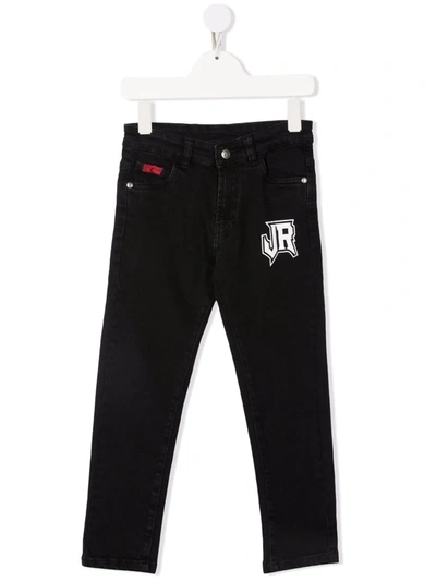 John Richmond Junior Kids' Logo Print Slim-fit Jeans In 黑色