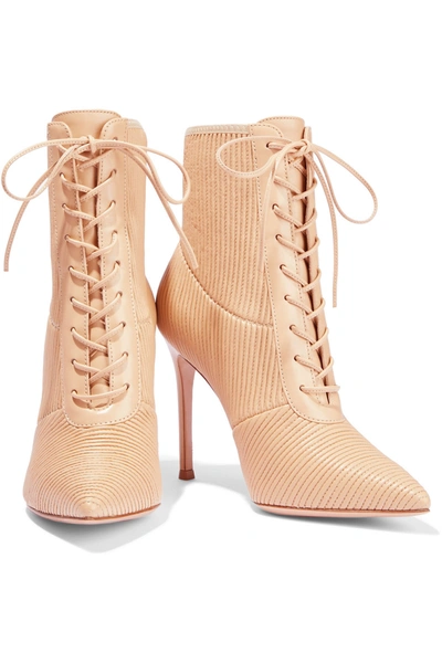 Gianvito Rossi Zina Lace-up Ribbed Leather Ankle Boots In Beige