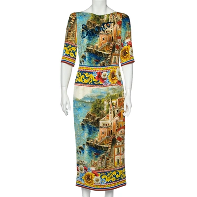 Pre-owned Dolce & Gabbana Printed Silk Sorrento Embellished Charmeuse Dress M In Multicolor
