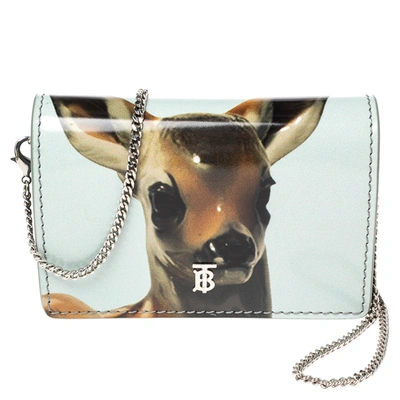 Pre-owned Burberry Light Blue/brown Leather Bambi Card Case On Detachable Chain