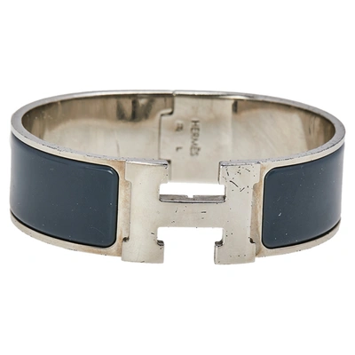 Pre-owned Hermes Hermès Clic Clac H Grey Enamel Palladium Plated Wide Bracelet Pm