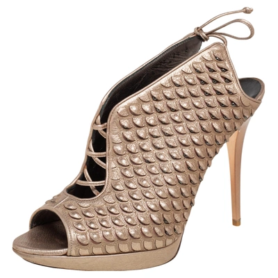 Pre-owned Ferragamo Metallic Beige Python Embossed Leather Studded Slingback Sandals Size 39
