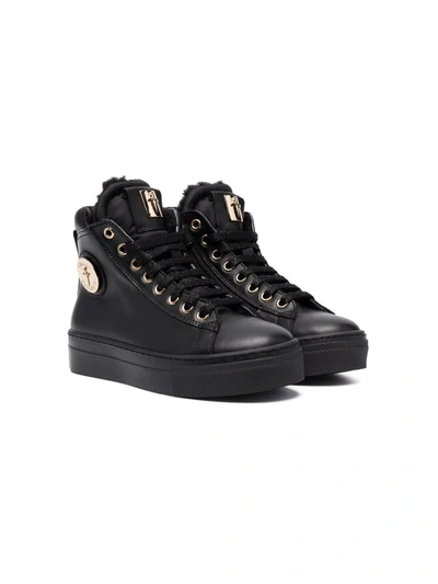 Cesare Paciotti Kids' Shearling-lined Leather Trainers In Black
