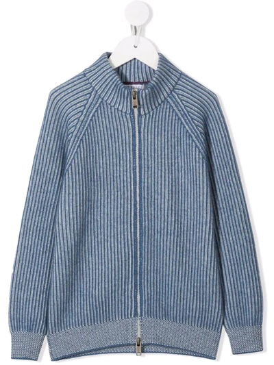 Brunello Cucinelli Kids' Ribbed Cashmere-knit Jacket In Blue