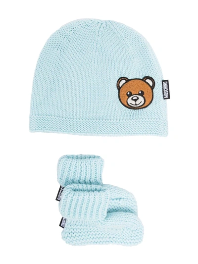 Moschino Babies' Toy Bear Hat Set In Blue