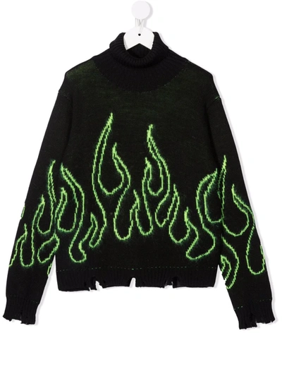 Vision Of Super Black Sweatshirt For Kids With Green Flames
