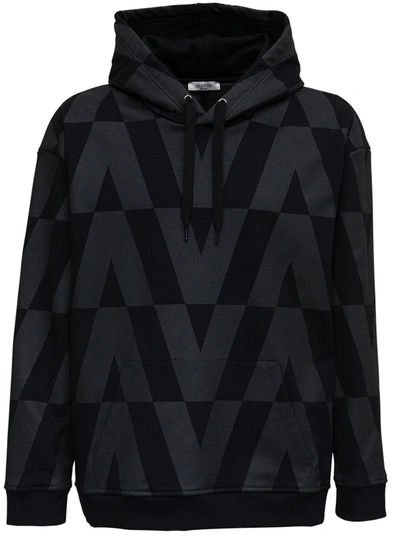 Valentino Black Cotton Hoodie With Macro Optical Print In Light Blue