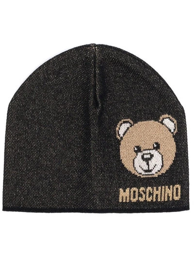 Moschino Metallic Logo Intarsia-knit Beanie In Black