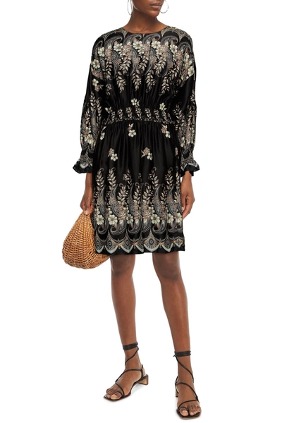 Antik Batik Amelia Shirred Floral-print Satin Dress In Black