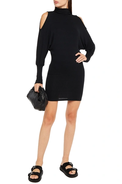 Enza Costa Cold-shoulder Ribbed-knit Turtleneck Mini Dress In Black