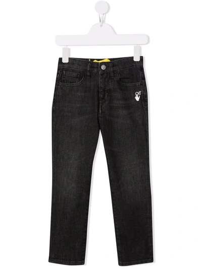 Off-white Kids' Slim-diag Logo-print Jeans In Black