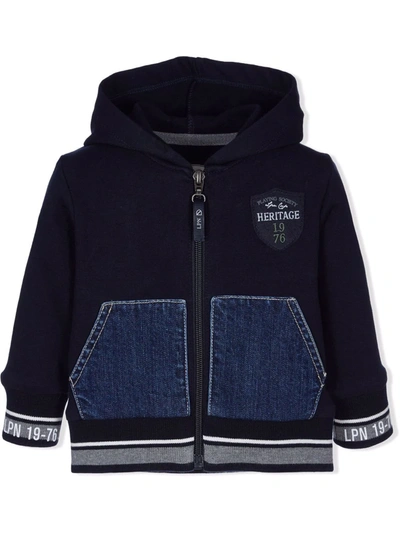 Lapin House Babies' Denim-panel Zip-up Hooded Jacket In Black