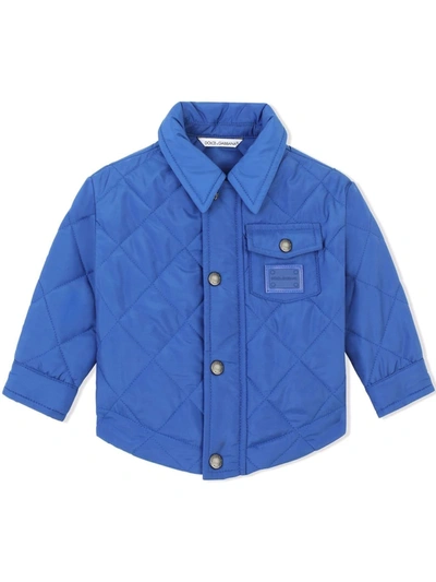 Dolce & Gabbana Babies' Quilted Nylon Jacket With Logo Plate In Blue