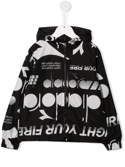 Diadora Junior Kids' Logo-print Hooded Jacket In Black