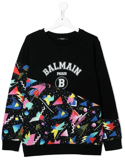 Balmain Kids' Geometric-print Cotton Sweatshirt In Black