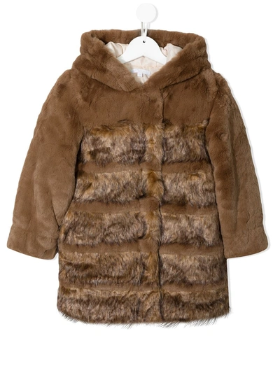 Chloé Kids' Panelled Hooded Faux-fur Coat In Brown
