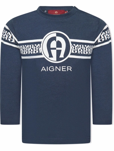 Aigner Babies' Long-sleeve Striped Logo-print T-shirt In Blue