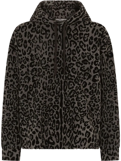Dolce & Gabbana Black Leopard Print Drawstring Hoodie In Multicolore