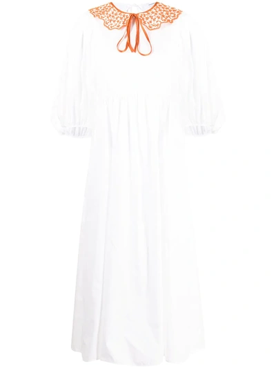 Cecilie Bahnsen Mette Embroidered-collar Cotton-poplin Dress In White/monarch Orange