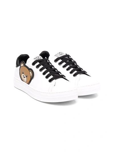 Moschino Kids' Teddy Bear Lace-up Leather Sneakers In White