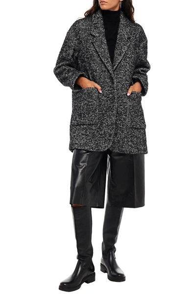 American Vintage Manteau Herringbone Wool-blend Bouclé-tweed Coat In Black