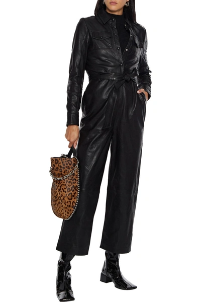 Walter Baker Mickenna Cropped Belted Leather Jumpsuit In Black