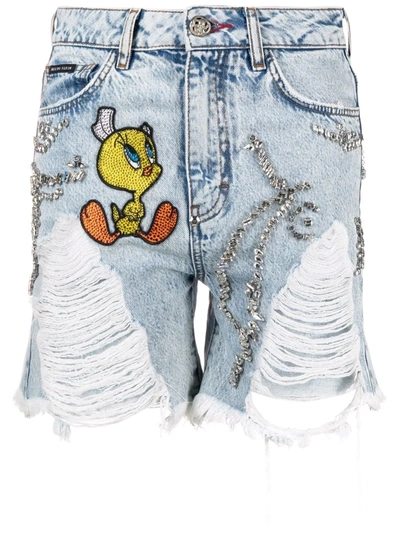 Philipp Plein Looney Tunes-embellished Denim Shorts In Blau