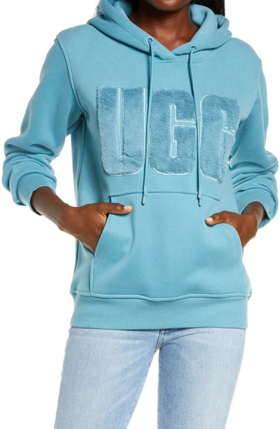 Ugg (r) Rey Fuzzy Logo Hoodie In Mediterranean Blue