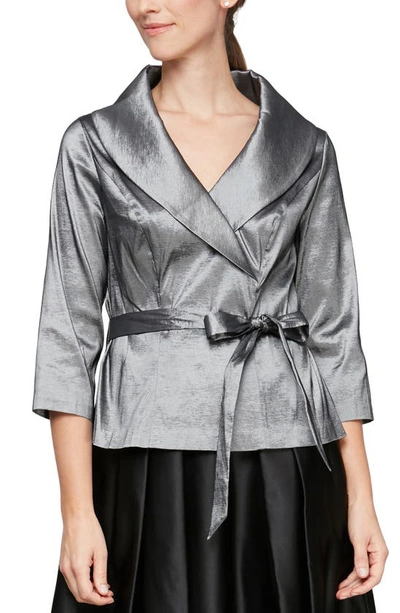 Alex Evenings Brushed Satin Tie Waist Blouse In Gunmetal