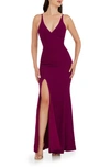 Dress The Population Iris Slit Crepe Gown In Dark Magenta