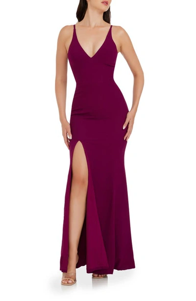 Dress The Population Iris Slit Crepe Gown In Dark Magenta