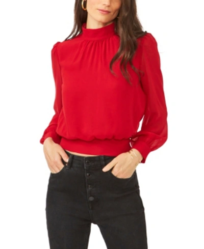 1.state Long Sleeve Cropped Mock Neck Blouse In Vibrant Red