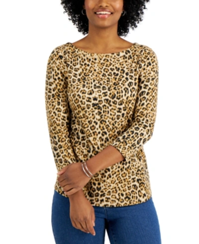 Charter Club Petite Printed 3/4-sleeve Cotton Top, Created For Macy's In Sedona Dust Cmb