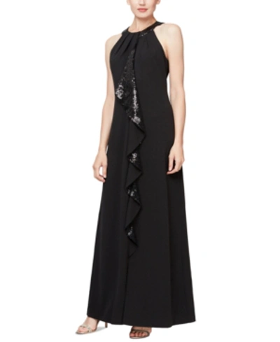 Sl Fashions Sequin Cascade-ruffle Gown In Black