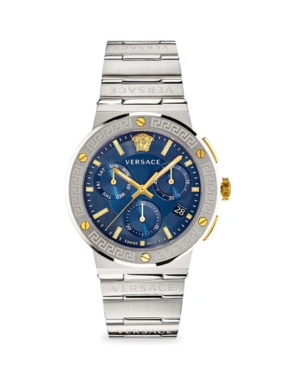 Versace Greca Logo Stainless Steel Chronograph Bracelet Watch In Blue/silver