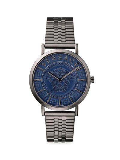 Versace V-essential Ip Gunmetal Bracelet Watch In Blue