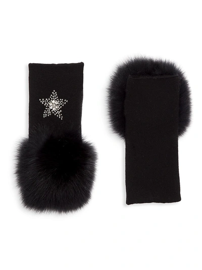 Adrienne Landau Wool-blend & Fox Fur Crystal-embellished Star Fingerless Gloves In Black