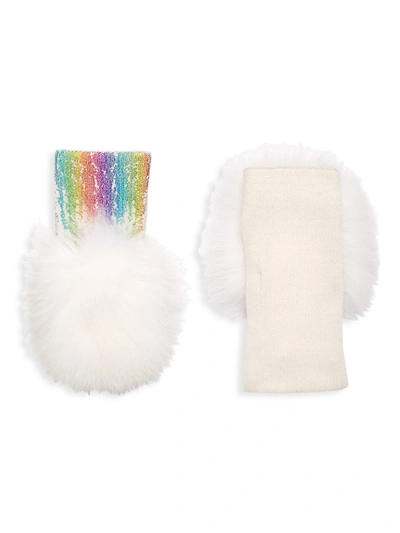 Adrienne Landau Wool-blend & Fox Fur Metallic Fingerless Gloves In White